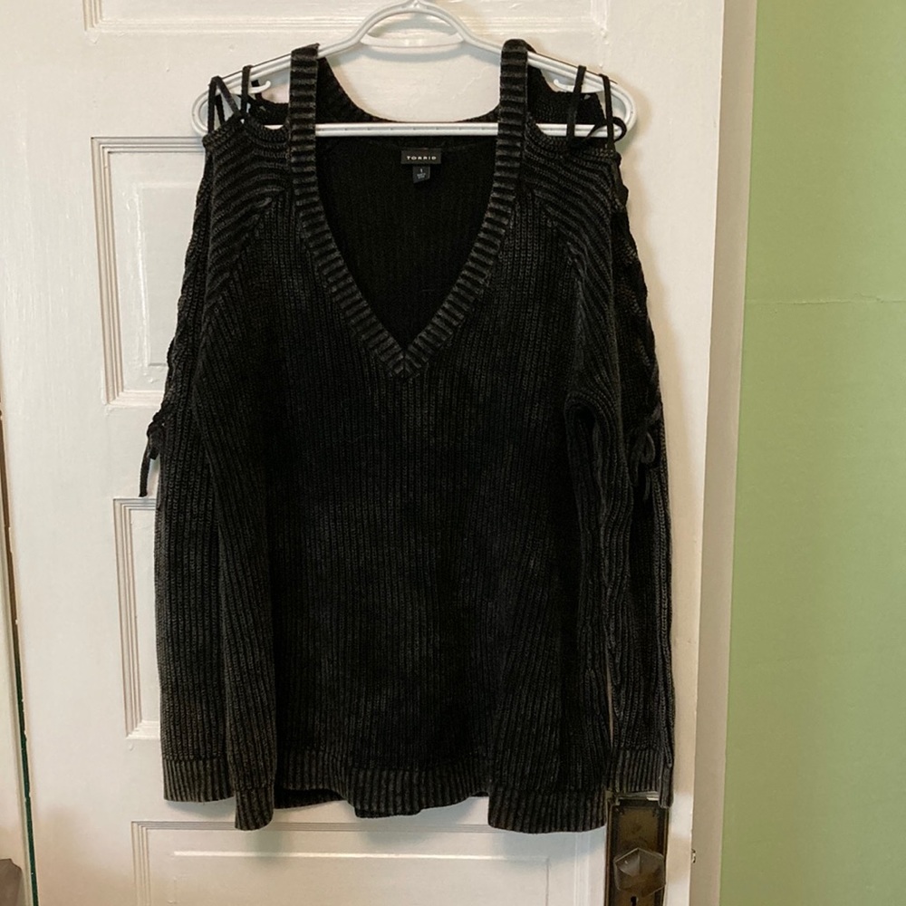 Torrid Black Cold-Shoulder V-Neck Sweater